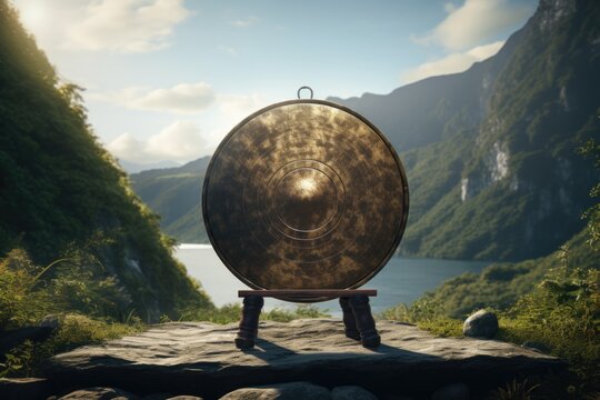 A gong sitting on top of a rock next to a body of water. This image can be used to create a tranquil atmosphere or to represent meditation and relaxation.