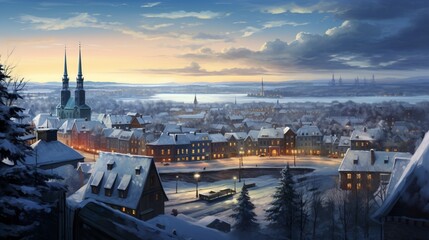 A serene winter morning, with the first light of dawn breaking over a quiet, snow-covered town.