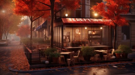 Urban coffee bar with autumn street views. AI generated