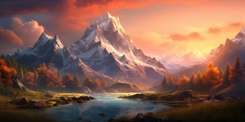 A picturesque painting of a serene mountain scene with a flowing river. Perfect for nature enthusiasts and those seeking a sense of tranquility. - obrazy, fototapety, plakaty