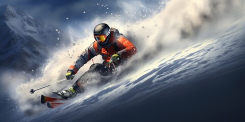 A man is seen riding skis down a snow covered slope. This image can be used to depict winter sports and outdoor activities.