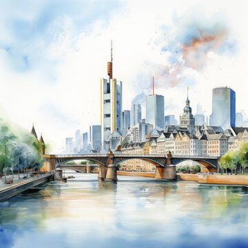 Watercolor painting style, outdoor scenery view of cityscape and riverside of Main river in Frankfurt, Germany.