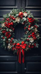 Fototapeta na wymiar Christmas wreath on the door of a house with red bow.