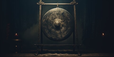 A large gong on a stand in a dark room. Perfect for adding an element of mystique and intrigue to any project.