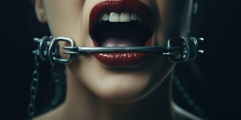A close-up image of a person with a chain wrapped tightly around their mouth. 