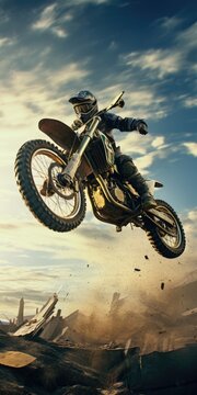 A thrilling image capturing a person on a dirt bike soaring through the air. Perfect for sports, action, and adventure-themed projects.