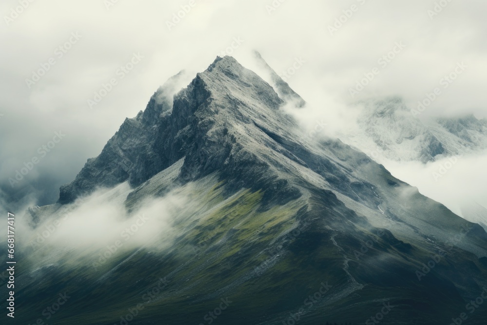 Aufkleber a captivating image of a mountain blanketed in fog and clouds.