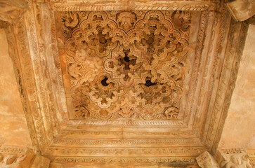 Beautiful carving on ceiling panel of Kandariya Mahadev temple entrance, Khajuraho, Madhya Pradesh,...