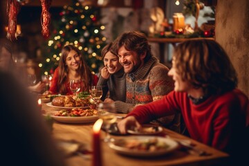Family at Christmas dinner together happy smiling enjoying meals