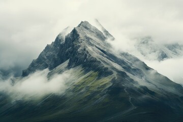 A captivating image of a mountain blanketed in fog and clouds. 