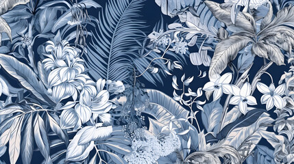 Tropical pattern. Bluish toile graphic design. Vintage wallpaper illustration. Blue and gold outlines. Bright, white background, generative ai - obrazy, fototapety, plakaty