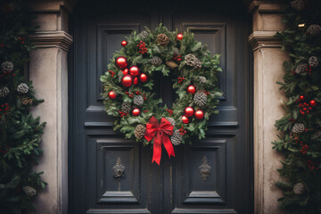 Christmas wreath on the door of a house decorated with pine cones and red bows.