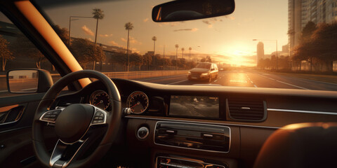 A picture of a car driving down a road during a beautiful sunset. 