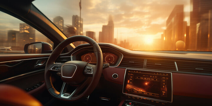 A picture of the interior of a car with the sun setting in the background. This image can be used to depict road trips, travel, commuting, or the beauty of nature during a drive.