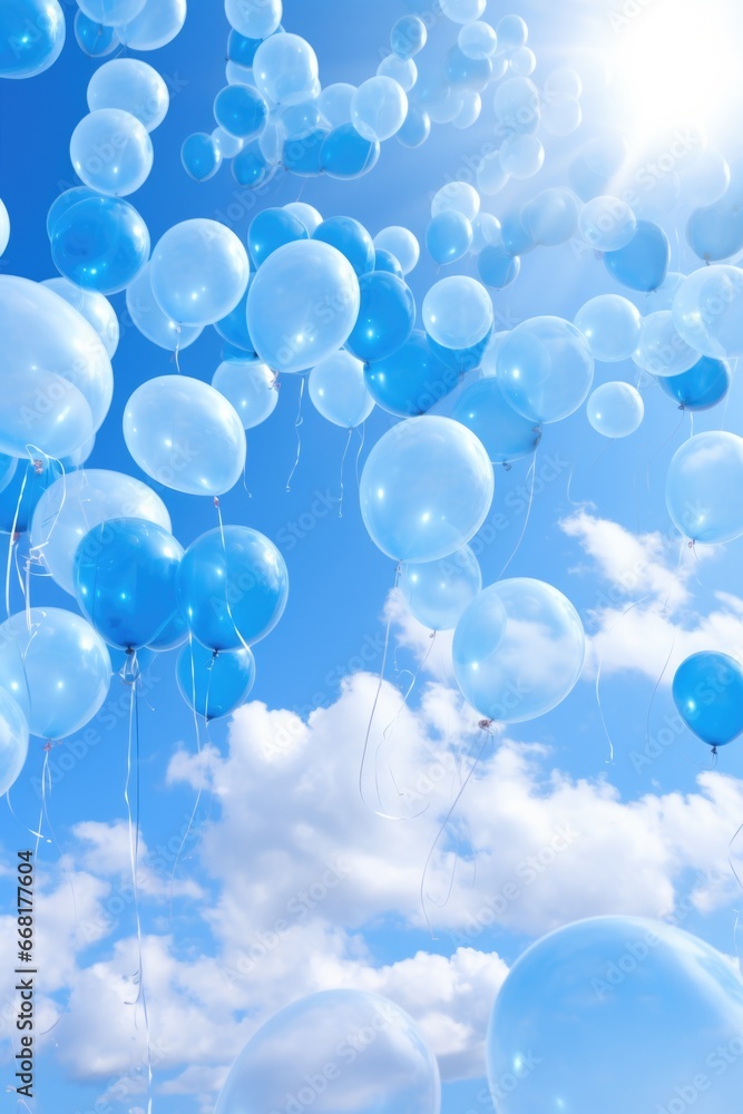 Poster a captivating image featuring a bunch of blue and white balloons floating in the sky. this picture c
