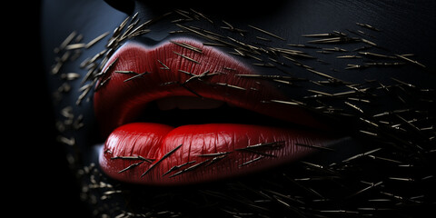 Rote Sexy Lippen einer Frau mit Kunstvollen Design umhüllt Nahaufnahme im Querforrnat für Banner, ai generativ - obrazy, fototapety, plakaty
