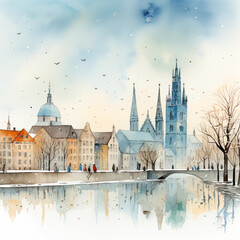 Watercolor painting of Munich, Germany with its typical sights, in sunny day in winter season, in minimalist style. - obrazy, fototapety, plakaty