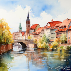 Fototapeta premium Watercolor painting of Nuremberg, Germany with its typical sights, in sunny day, in minimalist style.