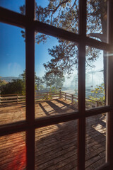 Fototapeta premium Panoramic view of the natural background, with a view balcony, see the surrounding nature (mountains, rivers, sunsets), see while traveling in Thailand, Khao Fa Chi View Point