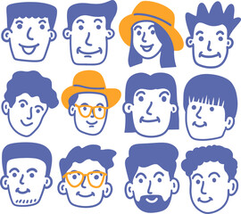 People doodle hand drawn, faces icon, hand drawn doodle, avatar profile.