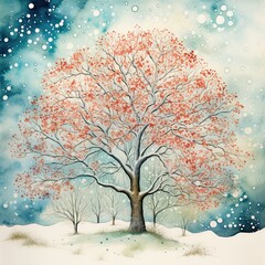 winter landscape with tree and snowflakes