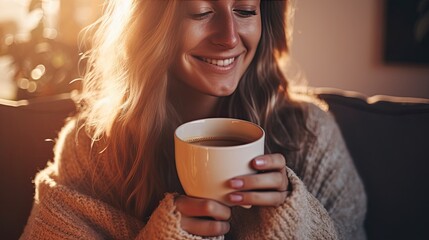 Woman holding a cup of coffee. Drink morning. A girl in a cozy house drinks a hot drink.