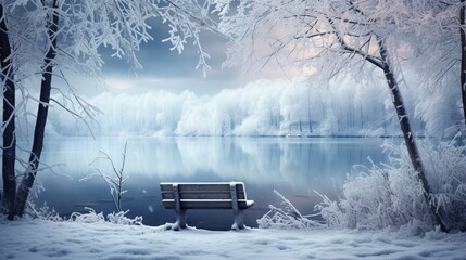 A snow-covered bench overlooking a quiet, frozen lake, inviting contemplation in the heart of winter.