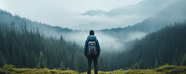 Enjoy nature away from city noise. A male hiker stand with his back to the camera against a foggy mountain landscape. Digital detox concept. - obrazy, fototapety, plakaty