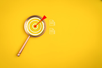 Magnifying glass with target goal and document icons on background, Successful project plan,...