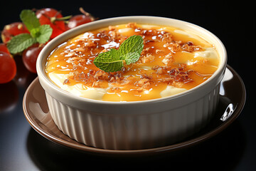 Creme brulee - traditional french vanilla cream dessert with caramelised sugar on top - obrazy, fototapety, plakaty