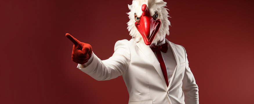 Crazy Man Wearing White Suit And Funny Chicken Roost