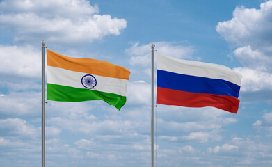 Russia and India flags, country relationship concept