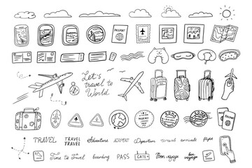 Big set of travel elements. Hand drawn. Suitcase, baggage, plane, fly, ticket, postcard, flight, boarding pass, clouds, view from the window, postage stamp, passport stamp, passport, route. Doodles - obrazy, fototapety, plakaty
