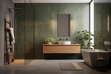 Modern bathroom interior with green and wooden walls