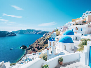 A stunning Greek island featuring beautiful whitewashed buildings against a vibrant blue backdrop.