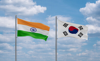 South Korea and India flags, country relationship concept