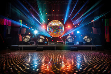 A concert stage of the disco era. A shimmering disco ball. - obrazy, fototapety, plakaty