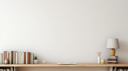 Workspace - office table, empty desk with books and supplies against the white wall, copy space for...