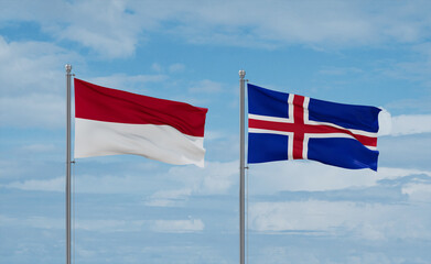 Iceland and Indonesia and Bali flags, country relationship concept