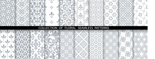 Geometric floral set of seamless patterns. White and gray vector backgrounds. Damask graphic ornaments - obrazy, fototapety, plakaty