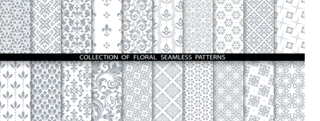 Fotobehang Geometric floral set of seamless patterns. White and gray vector backgrounds. Damask graphic ornaments © ELENA