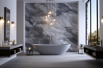 Modern luxury bathroom, marble walls, panorama