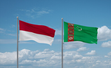 Turkmenistan and Indonesia and Bali flags, country relationship concept