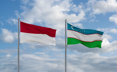 Uzbekistan and Indonesia and Bali flags, country relationship concept