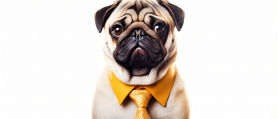 Cute pet dog pug breed wearing suit sitting and smile