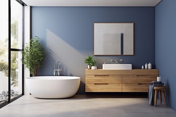 Fototapeta na wymiar Modern bathroom interior with blue and white tones wall