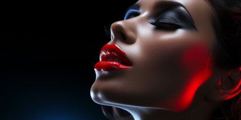 Fantastisches Model Frauen Gesicht mit großartigen Makeup und roten Lippen im dunklen Licht und Schatten Nahaufnahme im Querformat für Banner, ai generativ - obrazy, fototapety, plakaty