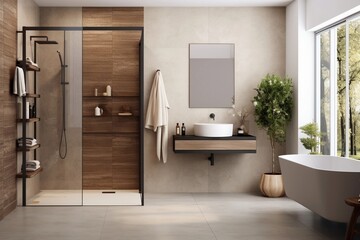 Bright bathroom interior with white tones wall - obrazy, fototapety, plakaty