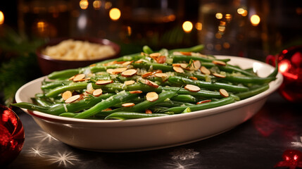 A savory green bean almondine dish shimmering in butter, Christmas party, blurred background, with copy space