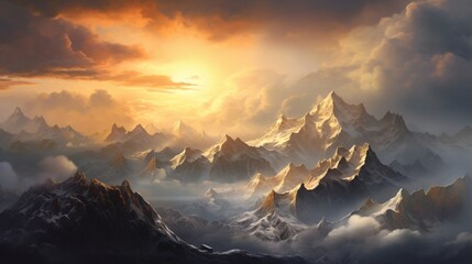 A snow-covered mountain range at dawn, with the sun's golden light breaking through the clouds. - obrazy, fototapety, plakaty